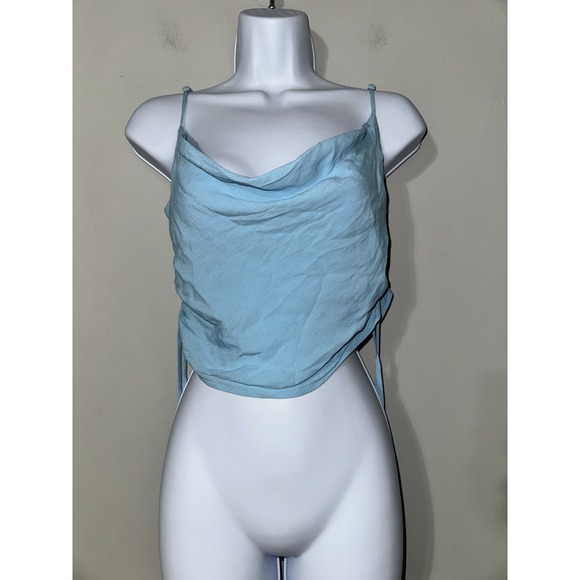 STAUD Blue Cowl Neck Spaghetti Strap Crop Top Size 4 Ruched Sides - Picture 1 of 5